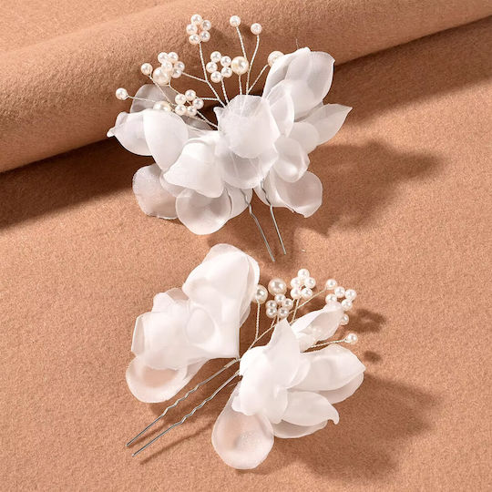 2 handgefertigte Brauthaarnadeln Perlen weiße Blumen Organza Fiorella