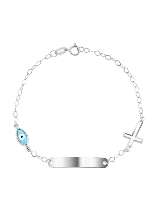 Eforo Kinderarmband ID aus Weißgold 9K mit Σταυρό & Böses Auge