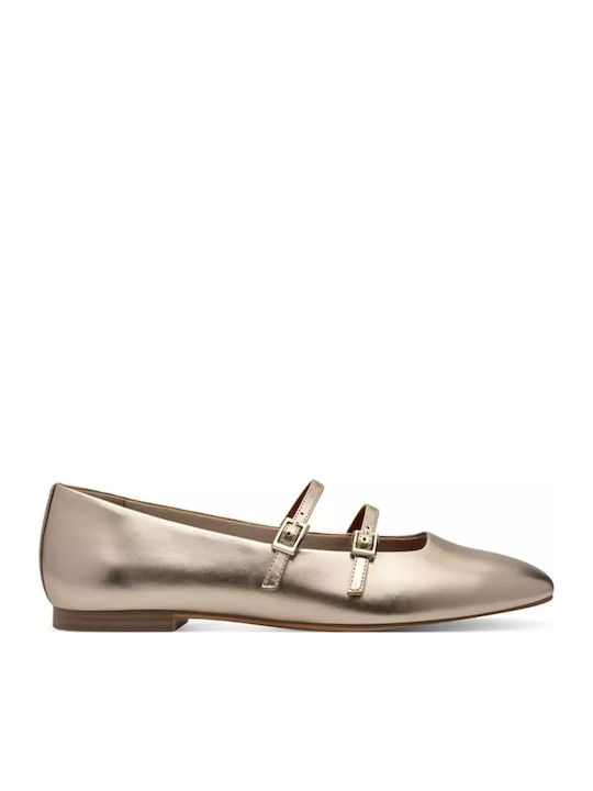 Lederne Damen Ballerinas Spitz zulaufend mit Riemen in Gold Farbe