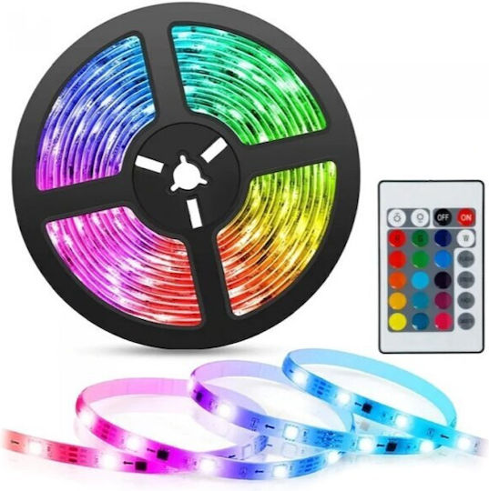 Bandă LED Multicolor Idealstore 5m Alimentare + Telecomandă Consum Redus de Energie Lumină Strălucitoare Echipată cu Bandă Adezivă Dublă pe Spate