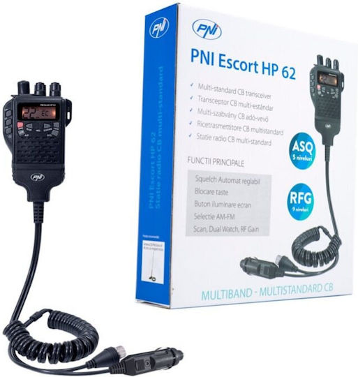 Stație Radio CB Portabilă Idealstore PNI Escort HP62AC Antenă BNC Suport Baterie Frecvență 26.965-27.405 MHz Buton Canal de Urgență 9/19 ASQ SQ LCR Roger Beep Nespecificat Putere Maximă 150 W PEP Bază Magnetică Tip