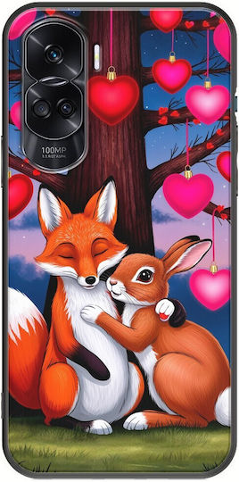 Husă de Valentine's Day cu Vulpe și Iepuraș sub Copacul Dragostei pentru Honor 90 Lite 5G Negru TPU Silicon Negru