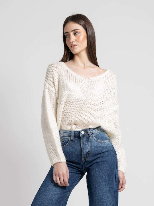 Women's Sweater Woolen with V Neckline Ecru