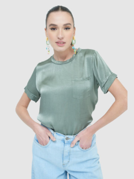 Bluza Damă Satin Mâneci Scurte Verde