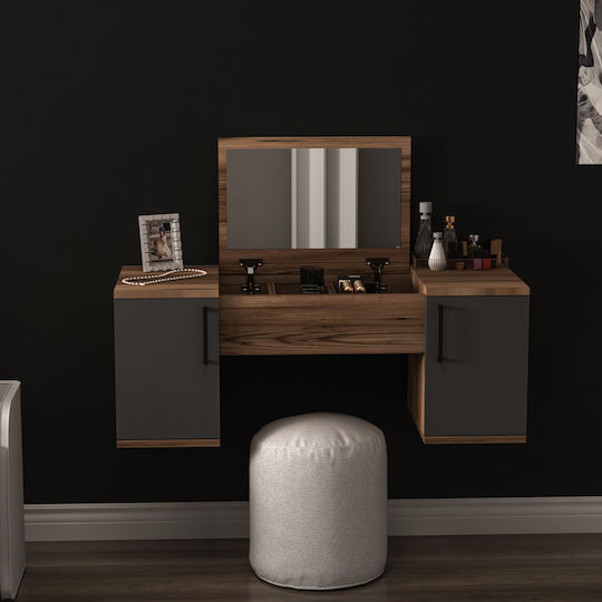 Wandmontage Schminktisch Krem Mercan Holz Walnut-Anthrazit mit Spiegel 100x35.5x74.1cm