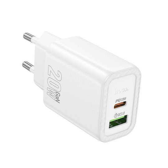 Hoco Ladegerät ohne Kabel mit USB-A Anschluss und USB-C Anschluss 20W Stromlieferung / Schnellaufladung 3.0 Weißs (N61)