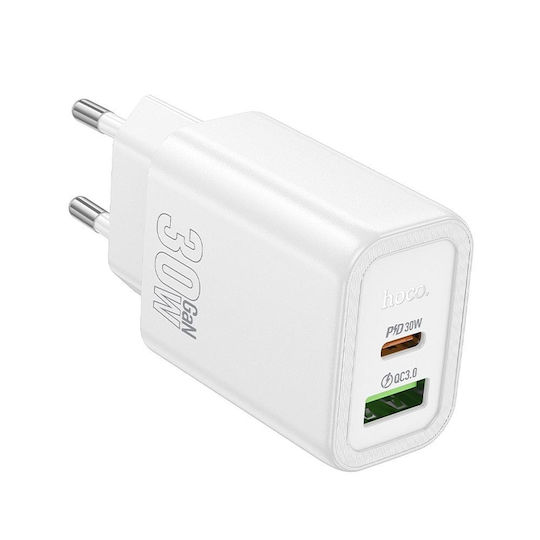 Hoco Φορτιστής Χωρίς Καλώδιο με Θύρα USB-A και Θύρα USB-C 30W Power Delivery / Quick Charge 3.0 Λευκός (N63)