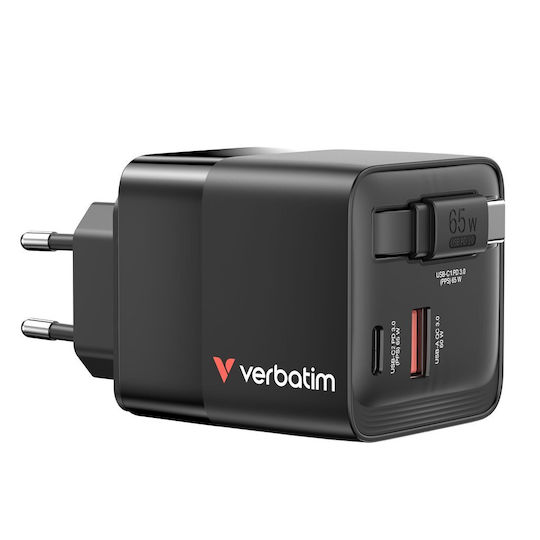 Verbatim Ladegerät mit integriertem Kabel GaN mit USB-A Anschluss und USB-C Anschluss USB-C 65W Stromlieferung / Schnellaufladung 3.0 Schwarzs (32217)