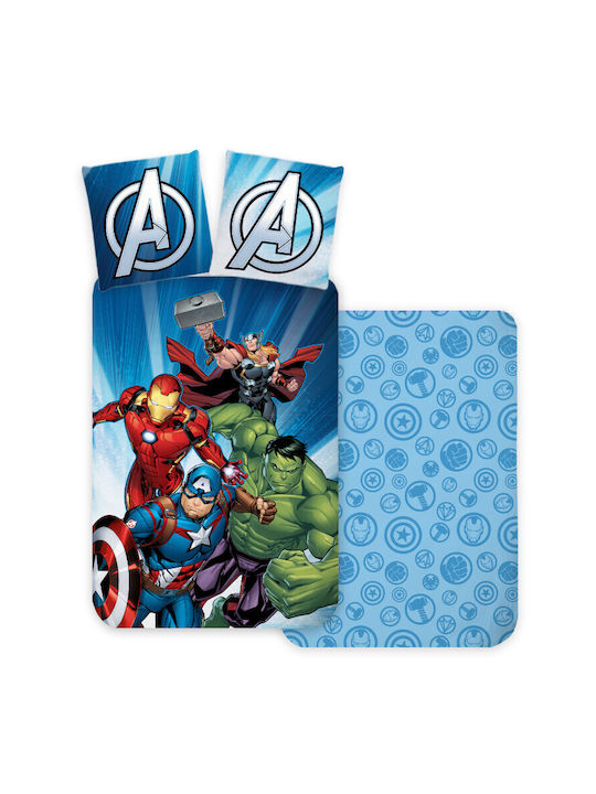 Avengers Set Kids Duvet Cover Single with Pillowcase Cotton Light Blue 140x200cm