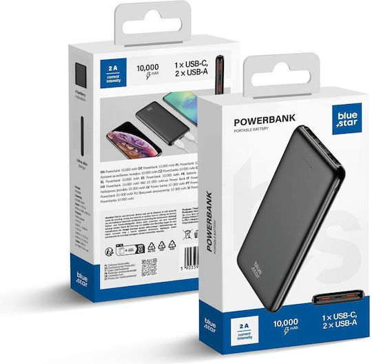 Blue Star W1086 Power Bank 10000mAh με 2 Θύρες USB-A και Θύρα USB-C Μαύρο
