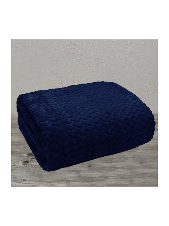 Fleece Double Blanket 215×230 Velour Zig Zag Blue