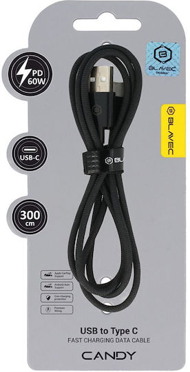 Blavec Geflochtenes USB 2.0 Kabel USB Typ-C männlich - USB-A 60W PD Schwarz 3m