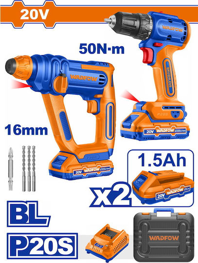 Wadfow WOS240681 Σετ Δραπανοκατσάβιδο & Πιστολέτο Brushless 20V με 2 Μπαταρίες 1.5Ah και Θήκη