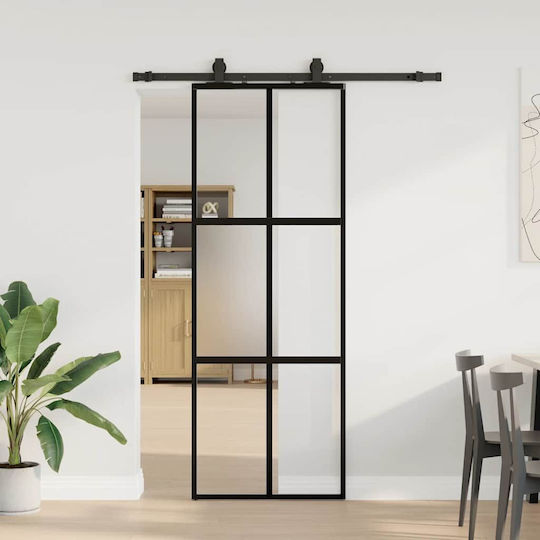 Vidaxl Συρόμενη Πόρτα Σετ Υλικού Μαύρο 76x205 Cm Γυαλί Μετριασμένο Μαύρο