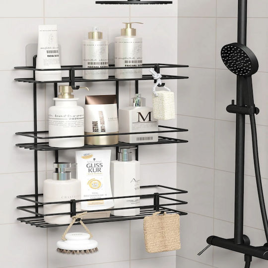 Femmit Wall-Mounted Metal Adhesive Bathroom Shelf 3 Shelves 4 Hooks 10x25x48 Cm Matte Black