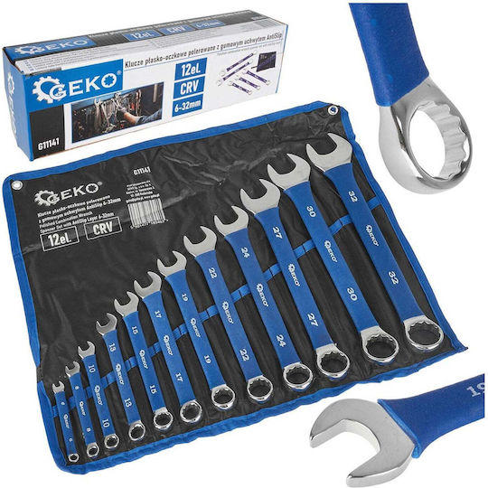 Set 12 Fixed Ring Combination Wrenches Anti-slip Rubber Handle Grip 6-32mm