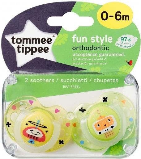 Tommee Tippee Fun Style Soother Биберони Силикон Жълто за 0-6 месеци 2бр
