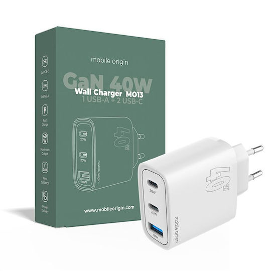 Mobile Origin Charger Without Cable GaN with USB-A Port and 2 USB-C Ports 40W Power Delivery Whites (MO13)