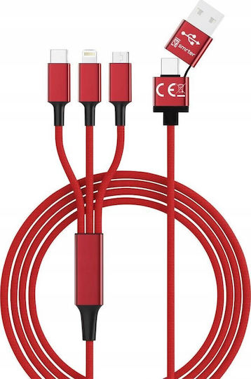 Smrter Hydra Ultra 5in1 Regular Cablu USB la Lightning / Type-C / micro USB cu mai multe porturi Roșu 1m