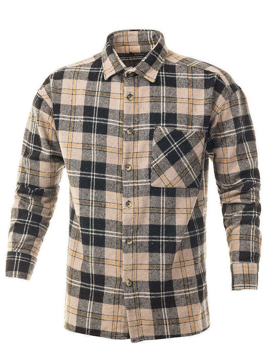 Long Sleeve Flannel Overshirt in Regular Fit Checked Beige