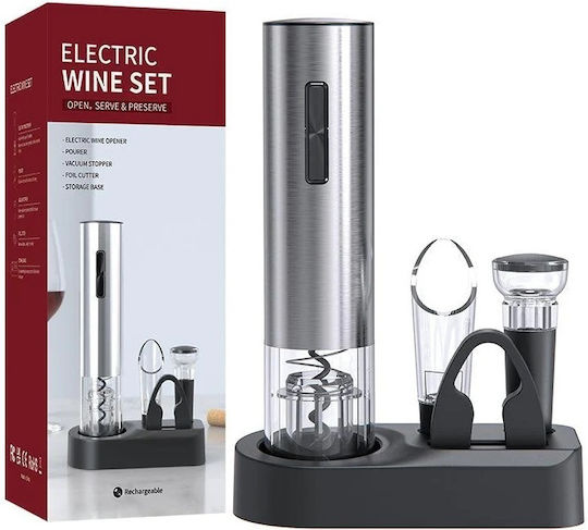 Set Deschizător Electric de Vin 5 în 1 Bază de Încărcare Aerator Tăietor de Foli Silver