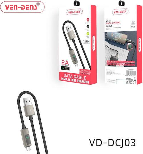 Ven-Dens USB 2.0 Cable USB-C Male - USB-A 120W PD Black 1.5m