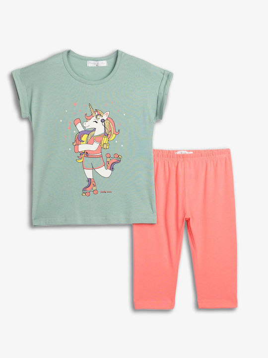 Kids' Set with Leggings Summer 2pcs Dark Pistachio, Phosphorescent Salmon