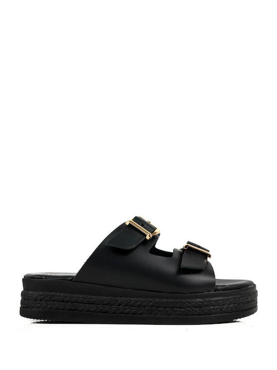 Black Flatform Sandals with Metallic Buckles