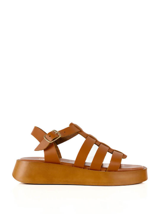 Tan Leather Flatforms with Woven Straps