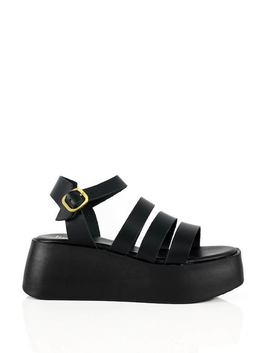 Black Flatforms Three Leather Straps