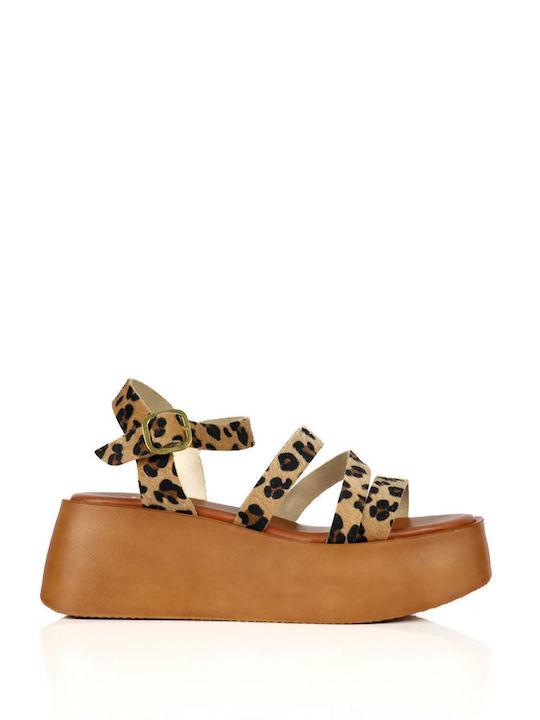 Leopard Flatforms Leather Crossed Straps