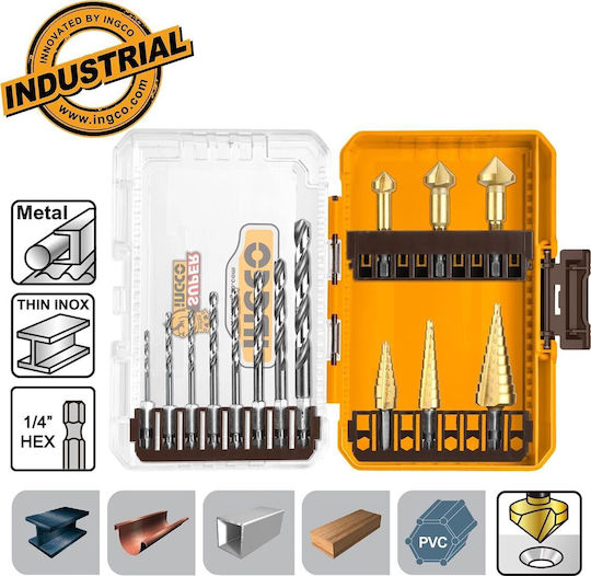 Ingco Set of 14 Conical Drills HSS for Metal 0-22mm