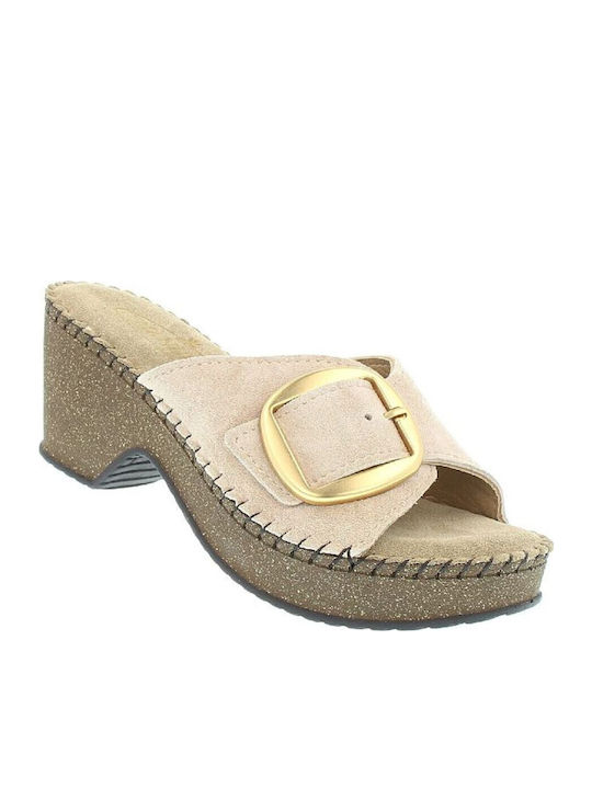 Leather Mules with Chunky High Heel in Beige Color
