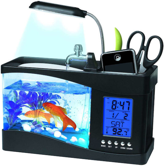 Mini-Aquarium-Stifthalter mit LED-Beleuchtung, Lautsprecher & LCD-Display-Uhr, Kalender & Wecker USB 3,5L 32x11x13cm TG-03L
