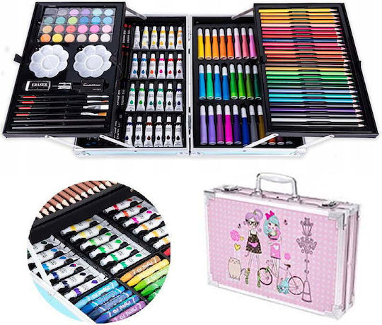 Kidsart Komplettes Tragbares Malset 145 Teile Kinder Filzstifte Buntstifte Aquarelle Pinsel 34cm Mädchen Pink Kinder Kunstset