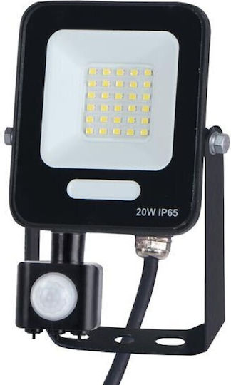 Eurolamp Στεγανός Προβολέας LED 20W Ψυχρό Λευκό 6500K με Αισθητήρα Κίνησης IP54