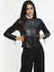 Women's Crop Lifestyle Leather Jacket for Winter Black