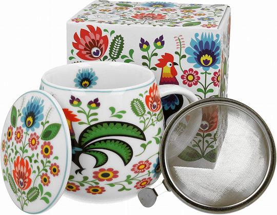 Porzellanbecher Inox-Filter "Etno Folk Hähne" Geschenkbox 430ml 070.945017