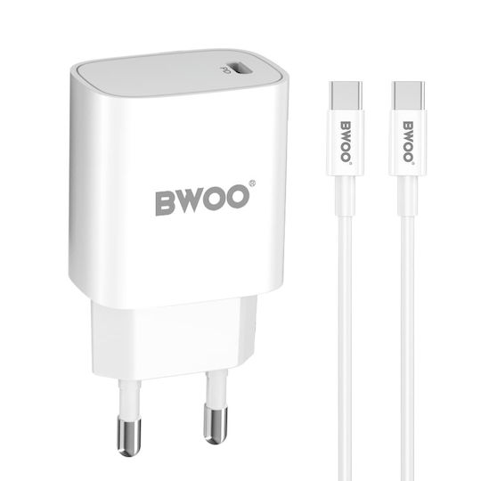BWOO Charger with USB-C Port and Cable USB-C - USB-C 20W Power Delivery Whites (CDA159)