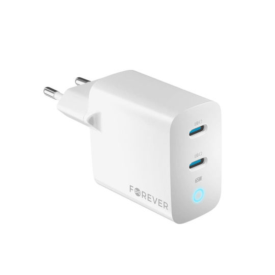 Forever Ladegerät ohne Kabel GaN mit 2 USB-C Anschlüsse 65W Stromlieferung Weißs (TC-06-65CC)