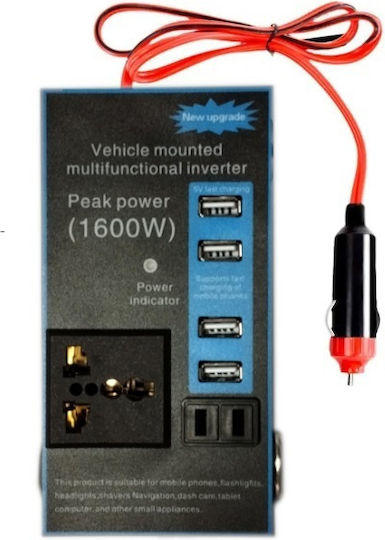 Инвертор за кола Чиста синусоидална вълна 1600W за преобразуване на 12V DC в 230V AC с 4xUSB