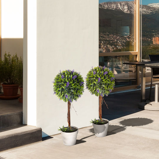 Homcom Set of 2 Artificial Green Plants Lavender Flower Spheres Moss Cement Pot Ø24x60 cm 830-704v00gn