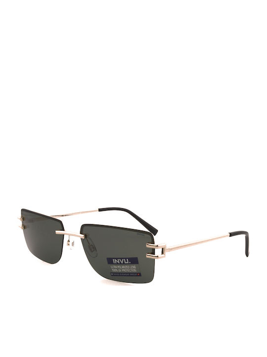 Invu Men's Sunglasses with Gold Metal Frame and Green Mirror Lens IB12505D