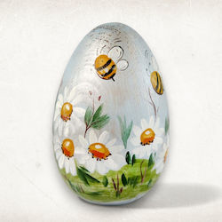 Wooden Decorative Egg “white Daisies Bees” Ø8.5cm X 15cm