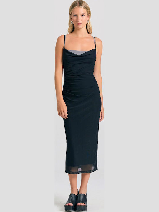 Summer Midi Evening Drape Open Back Dress with Tulle Black