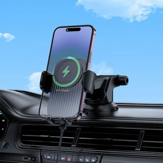 Borofone Suport Auto Pentru Telefon Mobil Cu Cârlige Reglabile Și Încărcare Wireless 15W Negru