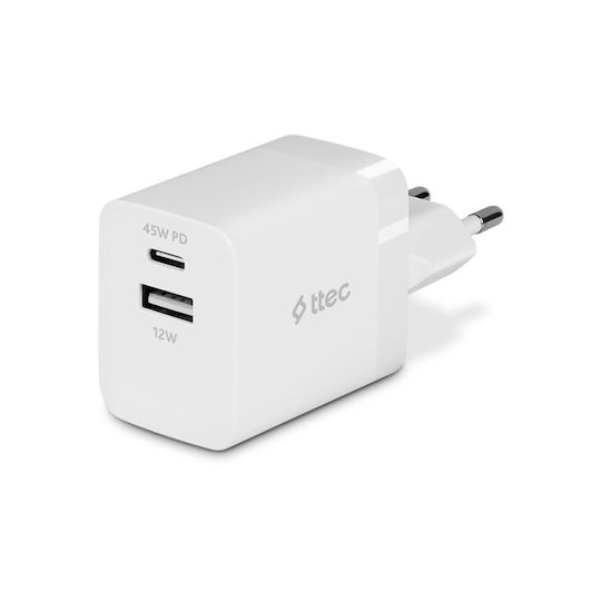 TTEC Зарядно Устройство Без Кабел GaN с USB-A и USB-C Изходни Портове 45W Power Delivery Бял SmartCharger