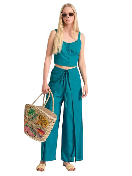 Damen Stoff Hose mit Gummizug Türkis