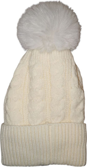 Pom Pom Beanie Γυναικείος Σκούφος Πλεκτός σε Λευκό χρώμα