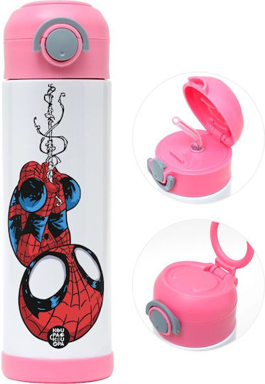 Koupakoupa Spiderman Upside Down Sticlă Pentru Copii Spiderman Din Oțel Inoxidabil Cu Pai Roz 500ml